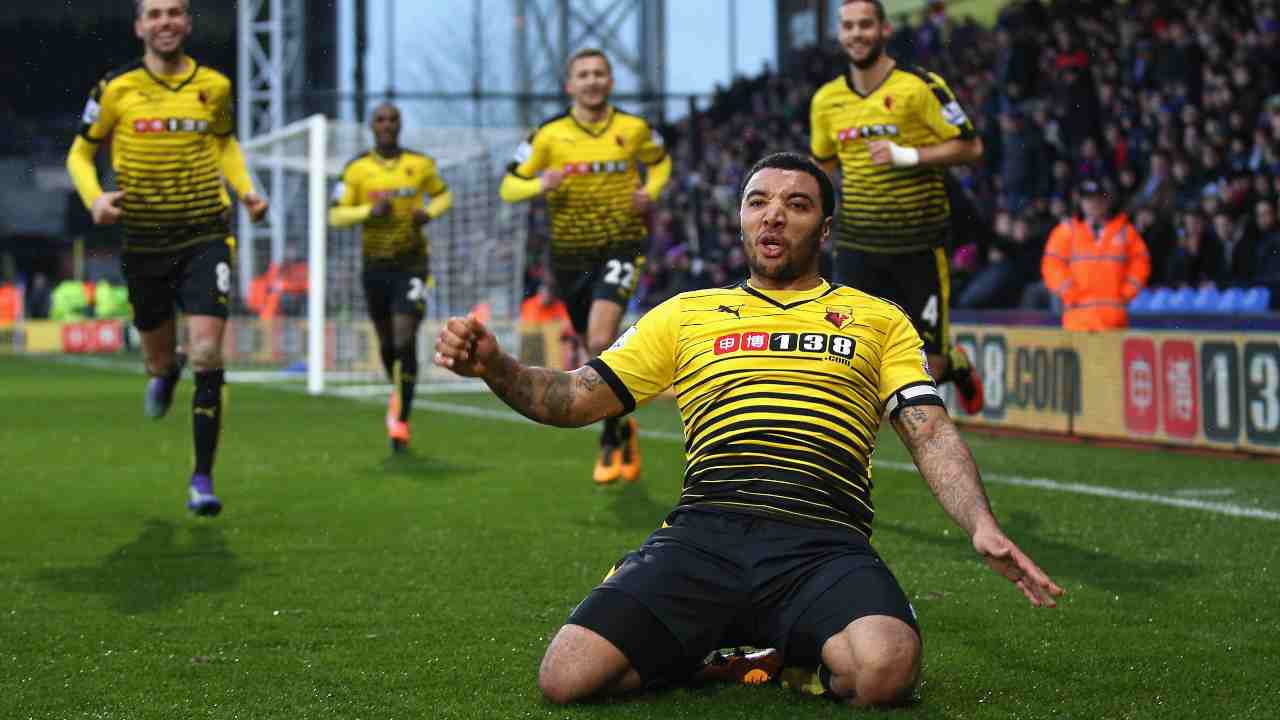 Watford, Troy Deeney festeggia il suo secondo gol al Crystal Palace, 13 febbraio 2016 (foto di Ian Walton/Getty Images)