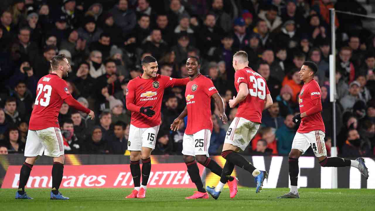 Manchester United, Odion Ighalo festeggia il suo gol al Derby County durante la partita di FA Cup del 5 marzo 2020 (foto di Michael Regan/Getty Images)
