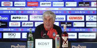 Atalanta, il tecnico Gian Piero Gasperini nella conferenza stampa di presentazione della gara con il Benevento. Serie A, 11 maggio 2021 (foto © Atalanta Bergamasca Calcio).