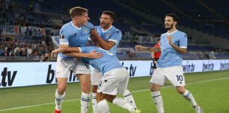 La Lazio che festeggia il gol contro la Lokomotiv - credit: Getty Images