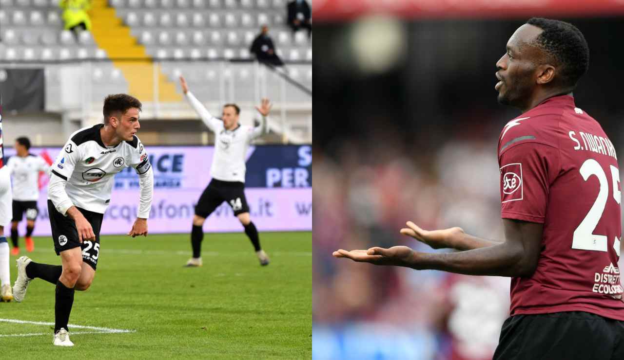 Giulio Maggiore (centrocampista dello Spezia) e Nwankwo Simy (attaccante della Salernitana) (credit: Getty Images)