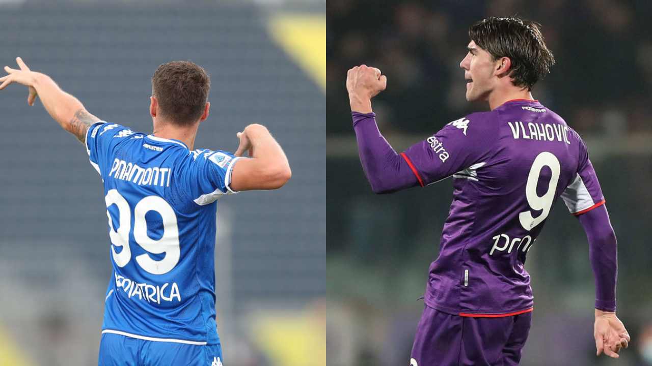 Andrea Pinamonti, attaccante dell'Empoli e Dusan Vlahovic, attaccante della Fiorentina (credit: Getty Images)