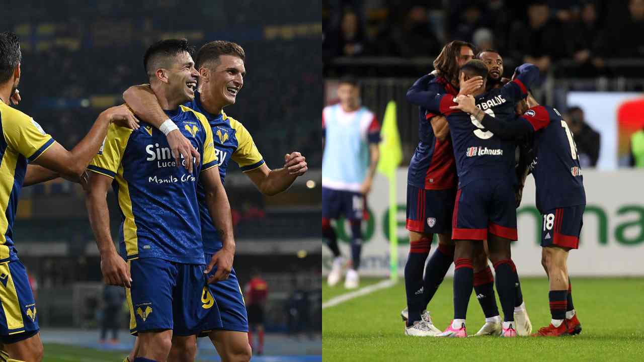 Hellas Verona e Cagliari che festeggiano un gol - credits: Getty Images. Sportmeteoweek