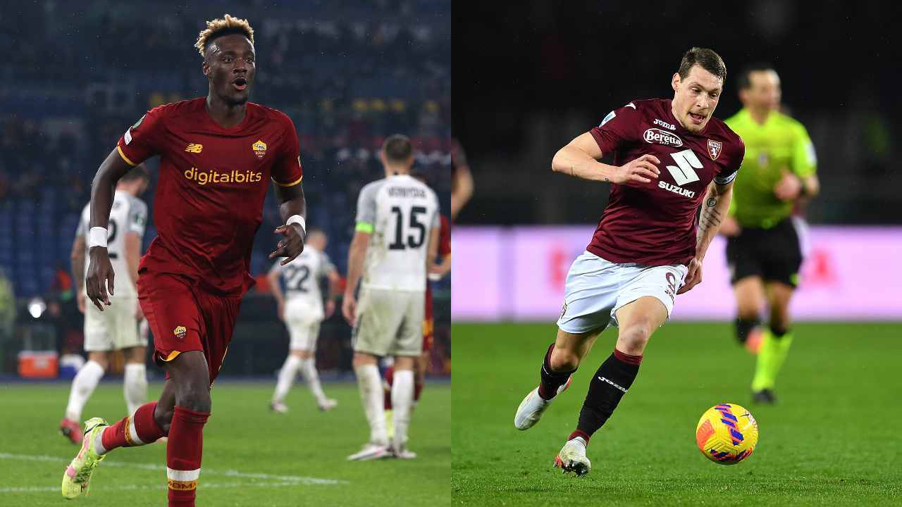 Abraham e Belotti, attaccanti di Roma e Torino - credits: Getty Images. Sportmeteoweek