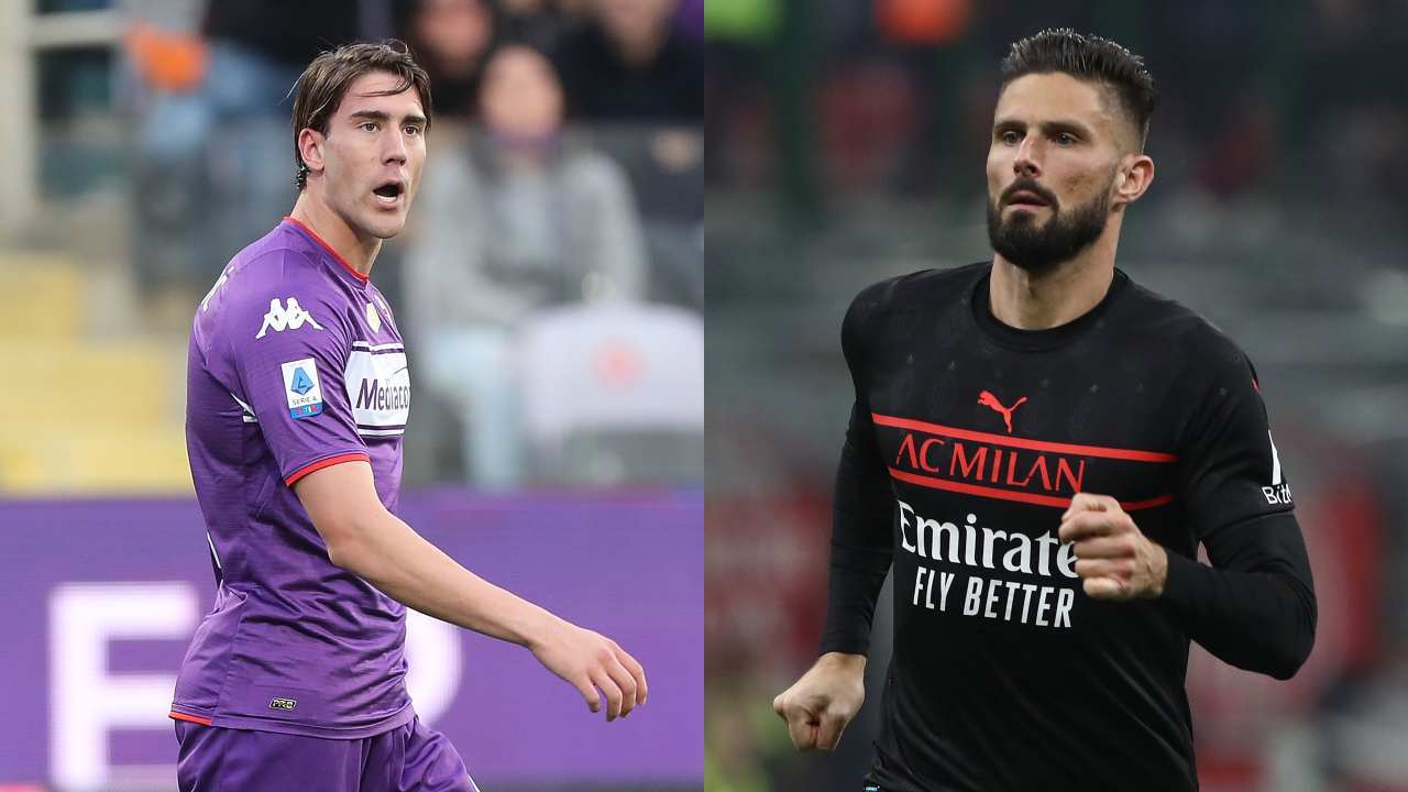 Vlahovic e Giroud, attaccanti di Fiorentina e Milan - credits: Getty Images. Sportmeteoweek