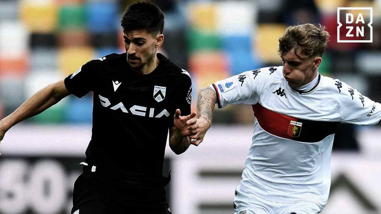 Ignacio Pussetto, attaccante dell'Udinese e Nicolò Rovella, centrocampista del Genoa (credit: Twitter-Dazn)