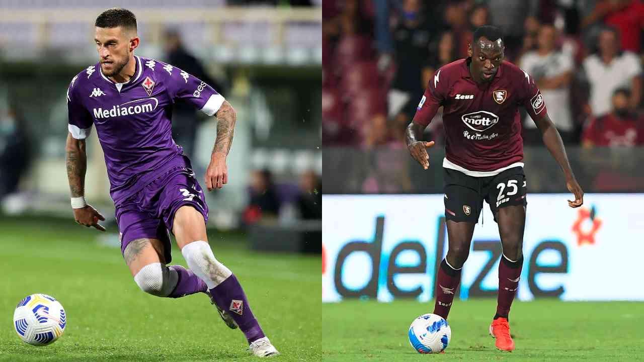 Biraghi e Simy, giocatori di Fiorentina e Salernitana - credits: Getty Images. Sportmeteoweek