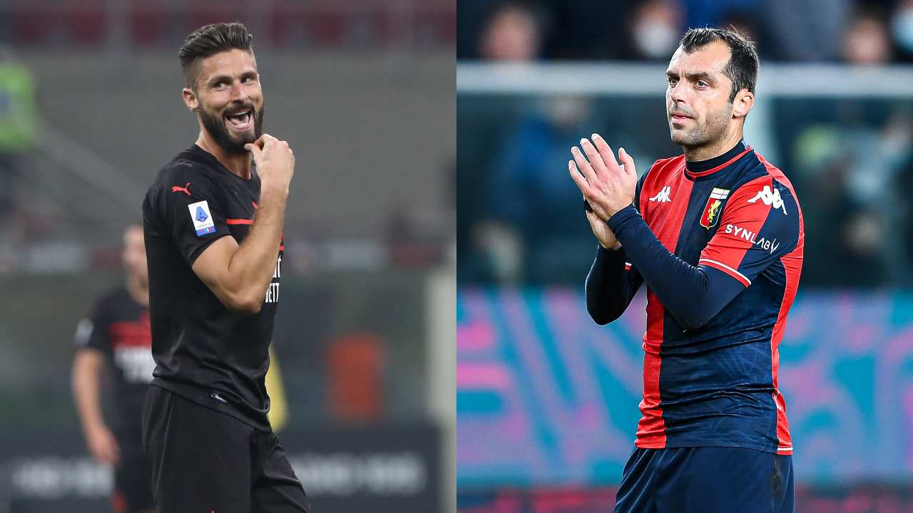Giroud (Milan) e Pandev (Genoa) - credits: Getty Images. Sportmeteoweek