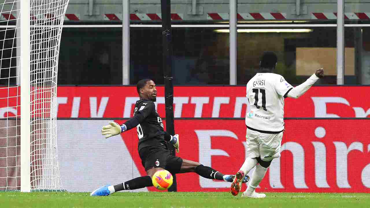 Il gol dell'1-2 finale di Gyasi in Milan - Spezia - credits: Getty Images. Sportmeteoweek