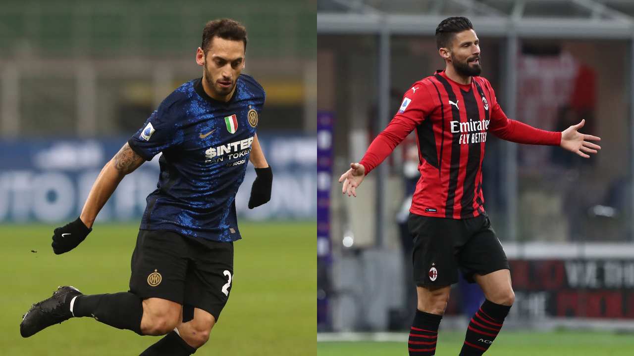 Calhanoglu e Giroud, giocatori di Inter e Milan - credits: Getty Images. Sportmeteoweek