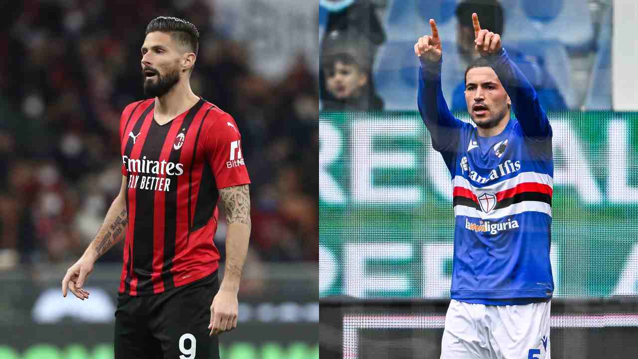 Giroud e Sensi, giocatori di Milan e Sampdoria - credits: Getty Images. Sportmeteoweek